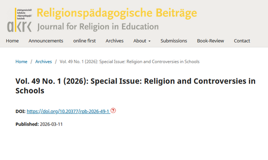 SONDERAUSGABE ZUM THEMA „RELIGION AND CONTROVERSIES IN SCHOOLS“ Zusammen mit dem Dresdner Religionspädagogen Jan-Hendrik Herbst hat Miguel Zulaica y Mugica zum Thema „Religion and Controversies in Schools“ eine internationale Special Issue der Religionspädagogischen Beiträge: Journal for Religion in Education (2026) herausgegeben