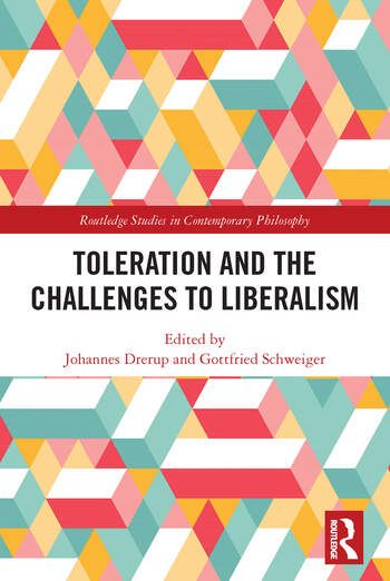 Schwarzer Schriftzug auf weißem Hintergrund zum Buch "Toleration and the Challenges to Liberalism" von Johannes Drerup und Gottfried Schweiger auf bunten 3D Würfeln und Rechtecken.