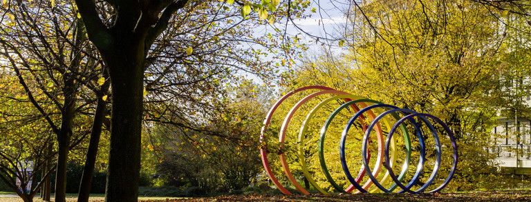Steel spectral rings surrounded by trees in autumn.
